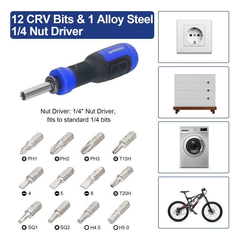 SHARDEN Multibit Screwdriver 13-in-1 Screw Driver Set Adjustable Extension Screwdriver Multitool All in One with Torx Security  Flat Head  Phillips  Hex  Square and 1/4 Nut Driver - Image 2